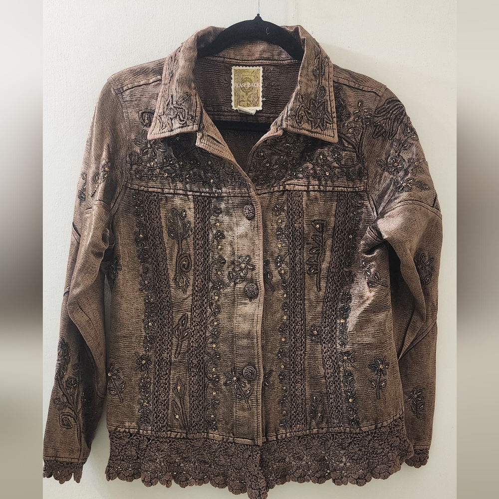 Flashback Embroidered Brown Jacket, Size Medium, Cotton/viscose.